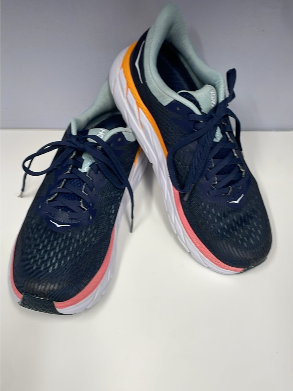 HOKA ONE ONE Woman’s. Navy Running Shoes with Coral and Mint Accents. Size 9 - Picture 2 of 9